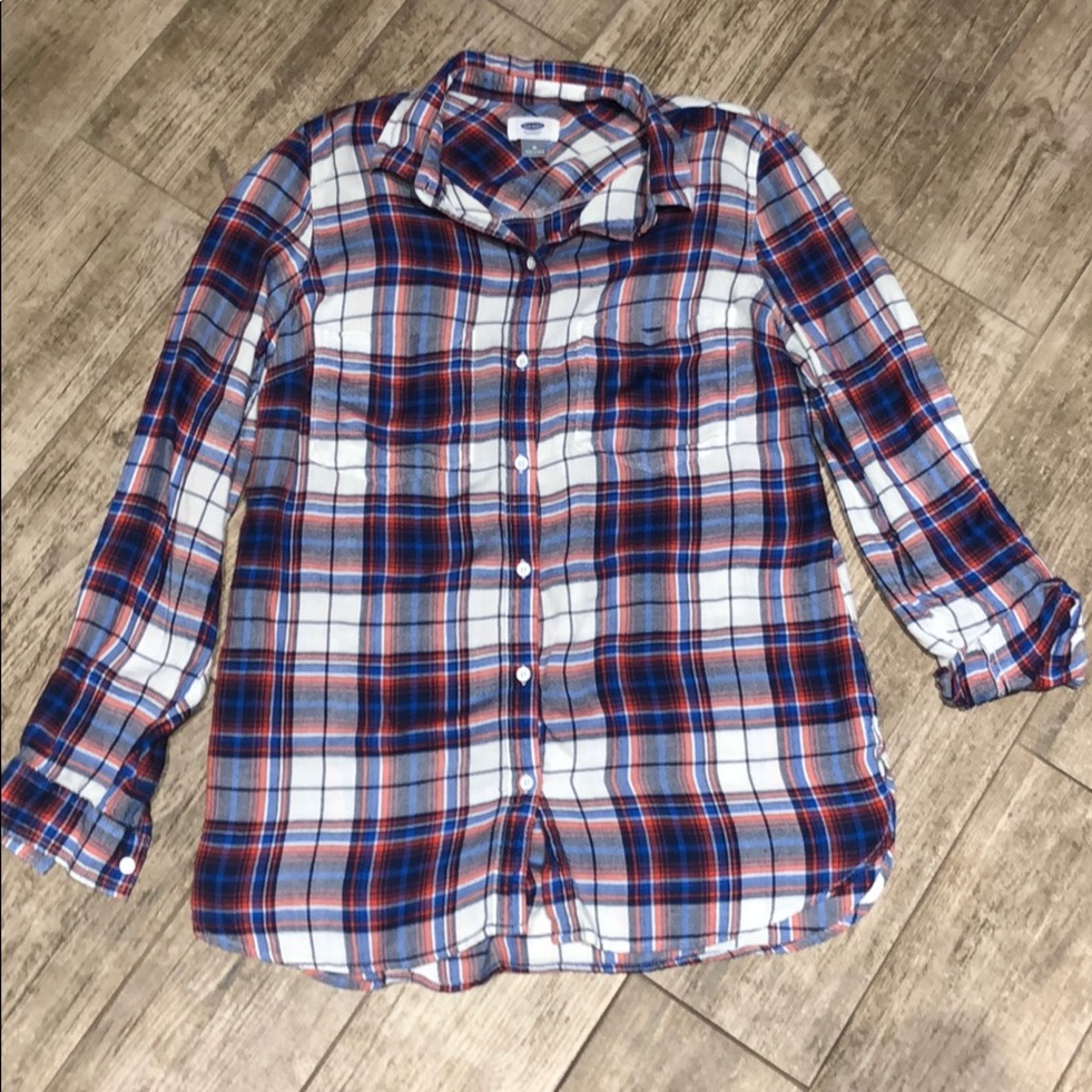 red, white, and navy blue plaid button down